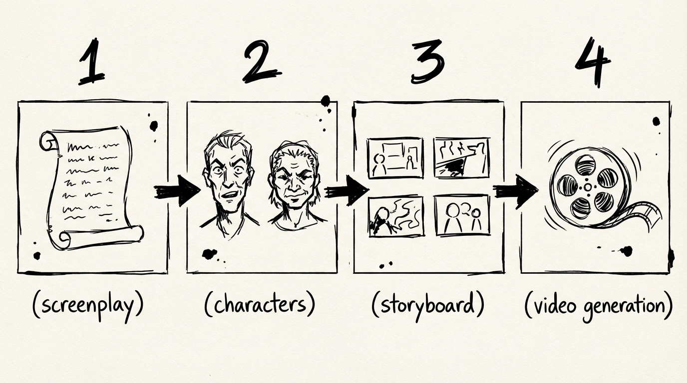 AI video shot list turning into individual prompts - four numbered shots connected to focused text briefs - minimalist black and white manga style