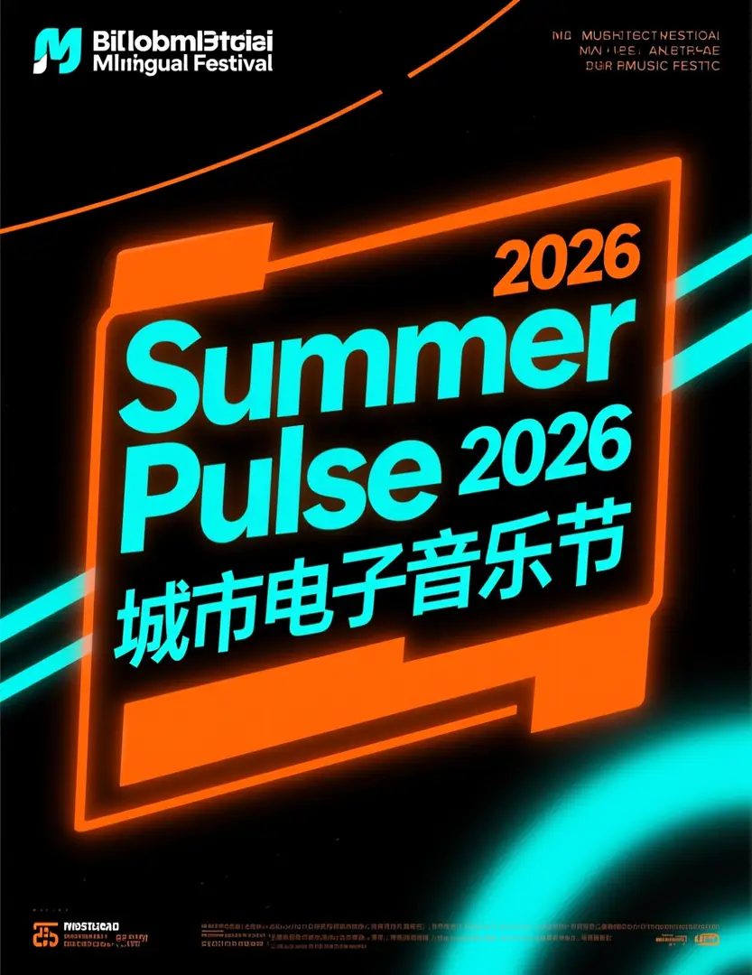 一款双语音乐节海报，主打醒目的“Summer Pulse 2026”标题以及醒目的中文文字。